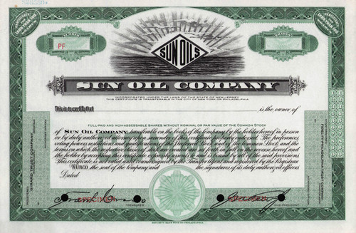 Sun Oil Company specimen stock certificate c1936 (New  Jersey) - Sunoco