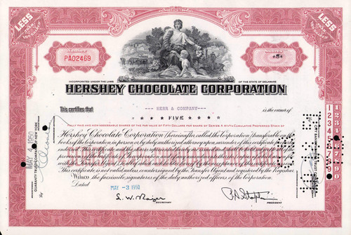 Hershey Chocolate Corporation stock certificate 1950 (Pennsylvania) dark red less than 100 preferred shares