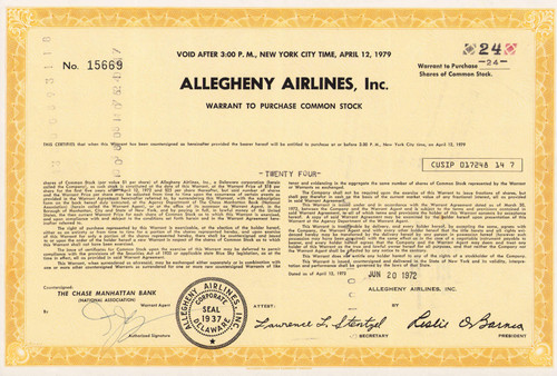 Allegheny Airlines stock warrant certificate 1972  became USAir and merged with American Airlines