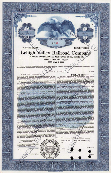 Lehigh Valley Railroad bond certificate 1970 (Pennsylvania) - blue