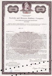 Norfolk and Western Railway $1000 bond 1987 (now Norfolk Southern) 