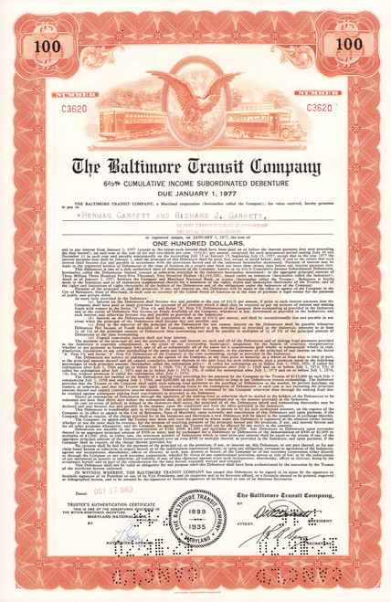 Baltimore Transit Company $100 bond certificate 1960s (Maryland) - now MTA