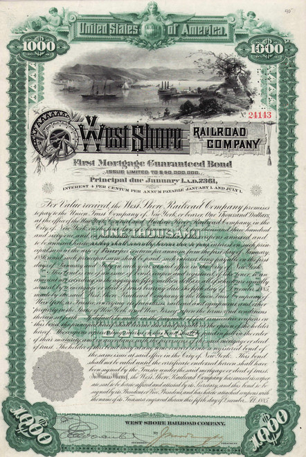 West Shore Railroad $1000 bond certificate 1885 (New York)