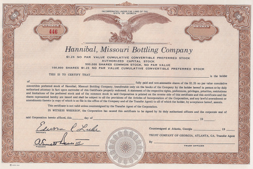 Hannibal Missouri Bottling Company stock certificate