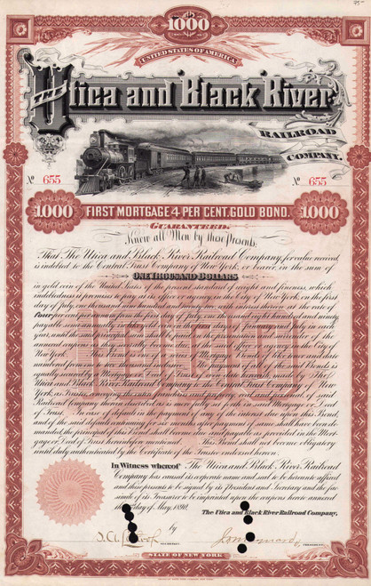 Utica and Black River Railroad $1000 gold bond certificate 1890 (New York)