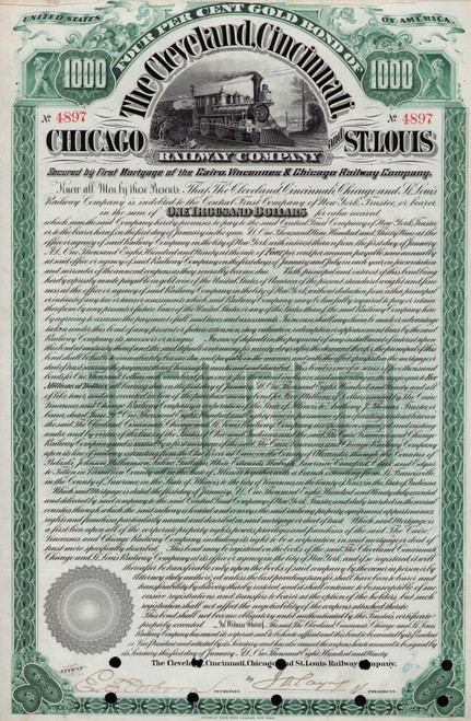 Cleveland Cincinnati Chicago and St. Louis Railway $1000 bond certificate 1890 (Ohio and Illinois)