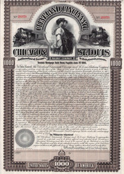 Cleveland Cincinnati Chicago and St. Louis Railway $1000 bond certificate c1893 (Ohio and Illinois)