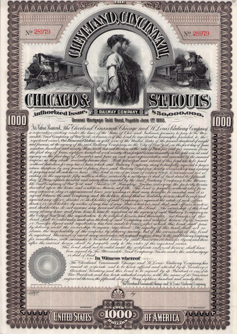 Cleveland Cincinnati Chicago and St. Louis Railway $1000 bond certificate c1893 (Ohio and Illinois)