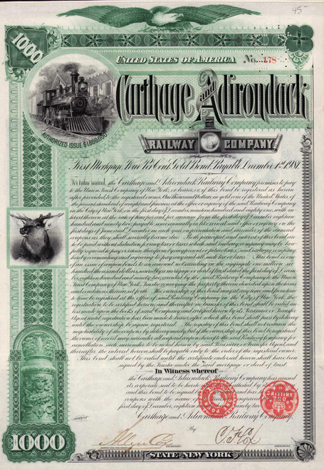 Carthage and Adirondack Railway $1000 bond 1892 (New York)
