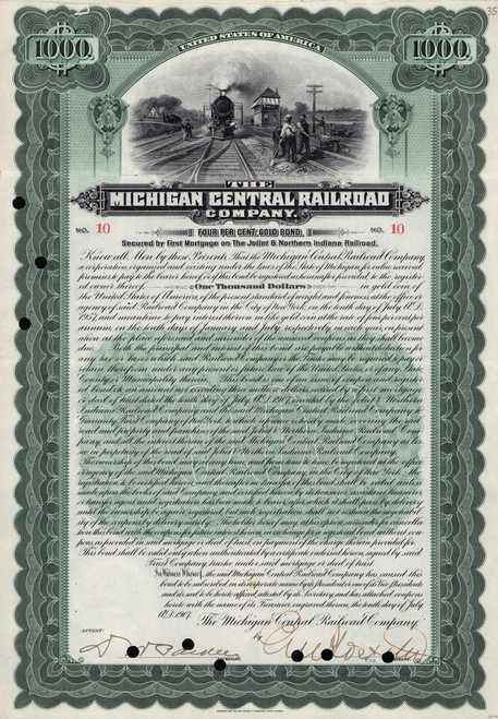 Michigan Central Railroad $1000 gold bond certificate 1907 (Michigan)