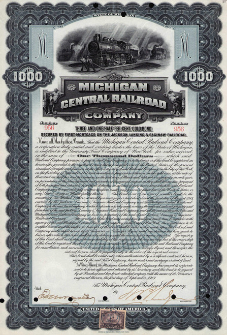 Michigan Central Railroad $1000 gold 3.5  per cent bond certificate 1907 (Michigan) blue