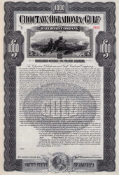 Choctaw Oklahoma and Gulf Railroad $1000 gold bond certificate 1902 (Oklahoma Territory)