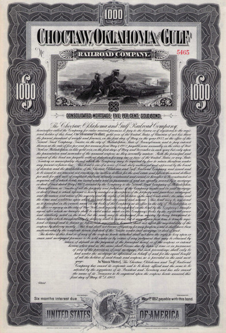 Choctaw Oklahoma and Gulf Railroad $1000 gold bond certificate 1902 (Oklahoma Territory)