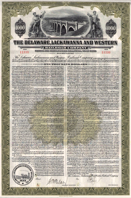 Delaware Lackawanna and Western Railroad $1000 bond certificate 1942 (Pennsylvania) - famous DLW line