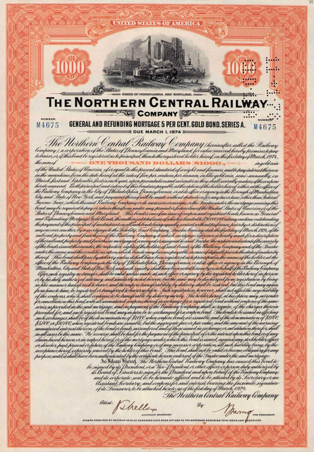 Northern Central Railway $1000 gold bond certificate 1924 (Pennsylvania and Maryland)