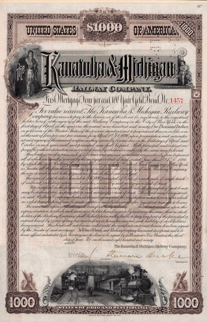 Kanawha and Michigan Railway $1000 gold bond 1890 (Ohio and West Virginia)