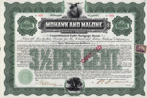 Mohawk and Malone Railway $1000 gold bond 1902 (New York)