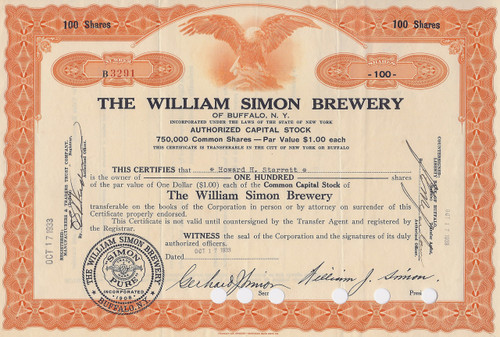 William Simon Brewery stock certificate orange 1933
