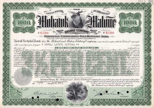 Mohawk and Malone Railway $1000 gold bond 1950s-60s (New York)