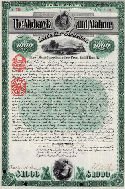 Mohawk and Malone Railway $1000 gold bond 1892 (New York)