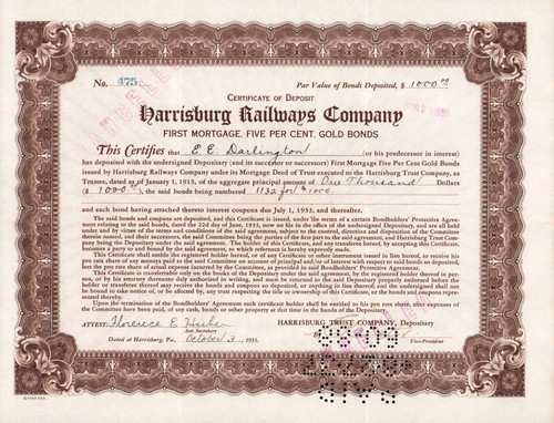 Harrisburg Railways Company certificate of deposit for mortgage gold bonds 1933 (Pennsylvania) 