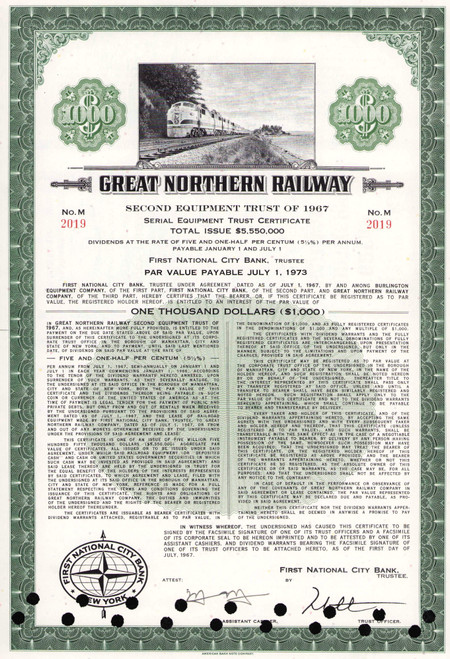 Great Northern Railway $1000 bond 1967 (Minnesota) - green
