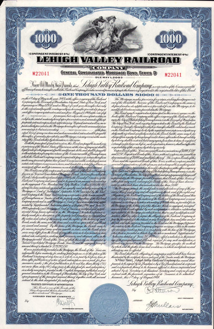 Lehigh Valley Railroad $1000 bond certificate 1949 (Pennsylvania) - blue