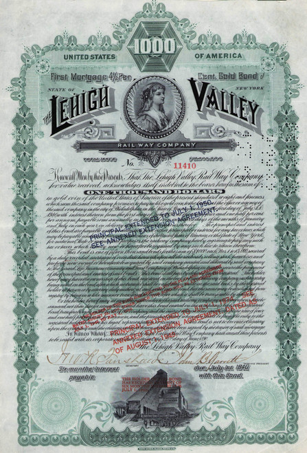 Lehigh Valley Railway $1000 bond certificate 1890 (Pennsylvania) 