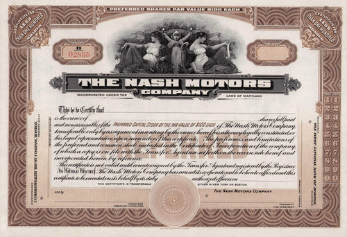 Nash Motors Company stock certificate c1919 (Wisconsin) - brown