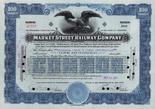 Market Street Railway stock certificate 1927 (California) - San Francisco streetcars