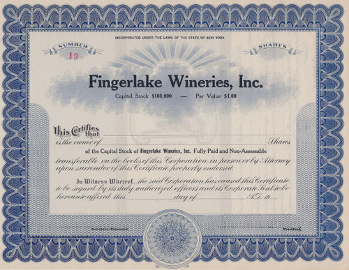 Fingerlakes Wineries stock certificate 