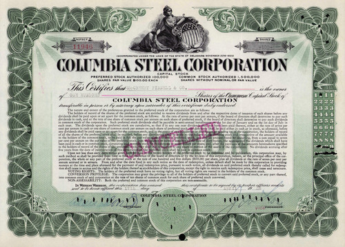 Columbia Steel Corporation stock certificate 1920s (California) 