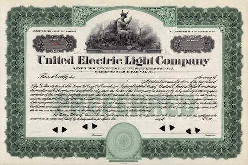 United Electric Light Company stock certificate c1904 (Pennsylvania) 