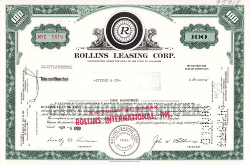 Rollins Leasing Corp stock certificate 1969 (Delaware) - green 100 shares