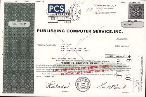 Publishing Computer Service stock certificate (Delaware)
