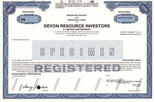 Devon Resources Investors MLP depository certificate specimen (Oklahoma) - Devon Energy