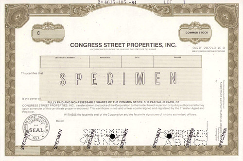Congress Street Inc certificate specimen c1984 (Delaware) 