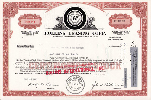Rollins Leasing Corp stock certificate 1968 (Delaware) - brown