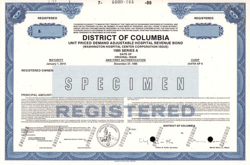 District of Columbia bond certificate specimen c1985 (DC) - Marion Barry mayor