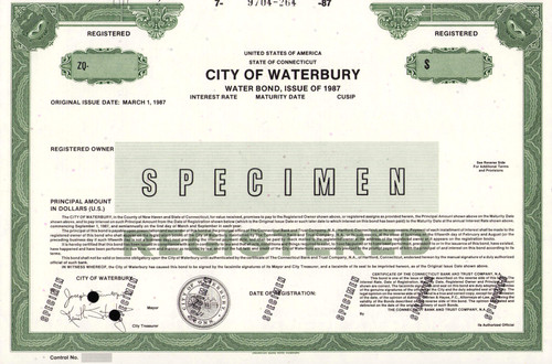 City of Waterbury bond certificate specimen c1987 (Connecticut) - Water Bond