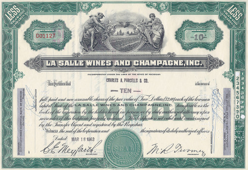 La Salle Wines and Champagne stock certificate 1963 - great Michigan winery