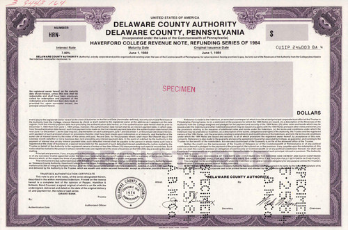 Delaware County Pennsylvania bond certificate specimen c1984 (Philly metro) - Haverford College
