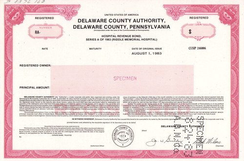 Delaware County Pennsylvania hospital bond certificate specimen c1983 (Philly metro) - red