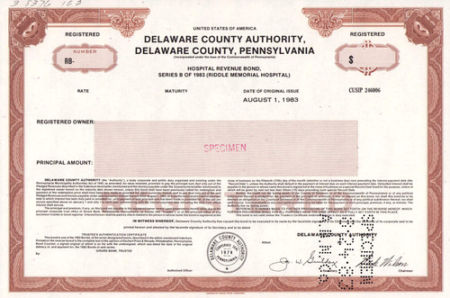Delaware County Pennsylvania hospital bond certificate specimen c1983 (Philly metro) - brown