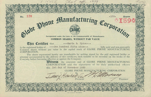 Globe Phone Manufacturing Corporation stock certificate 1930 (Massachusetts) - hearing aids