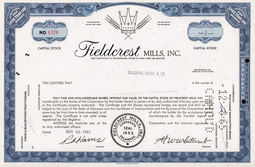 Fieldcrest Mills stock certificate 1965 (North Carolina) - towels and linens