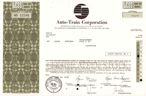 Auto-Train Corporation stock certificate 1974 (Florida)