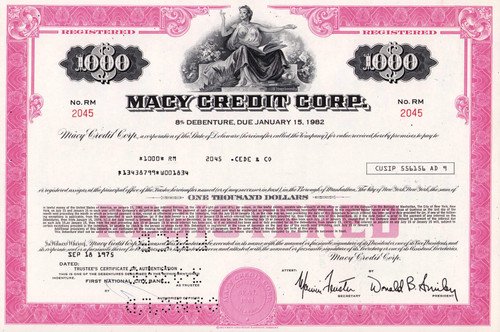 Macy's Credit Corp $1000 bond certificate 1975 (Delaware) - red border