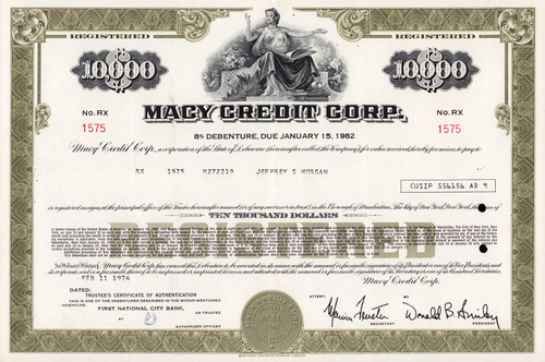 Macy's Credit Corp $10,000 bond certificate 1974 (Delaware) - olive border