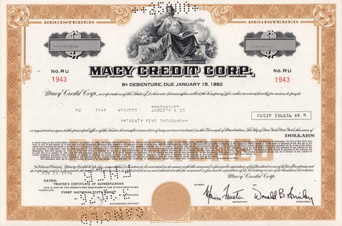 Macy's Credit Corp bond certificate 1974 (Delaware) - gold border